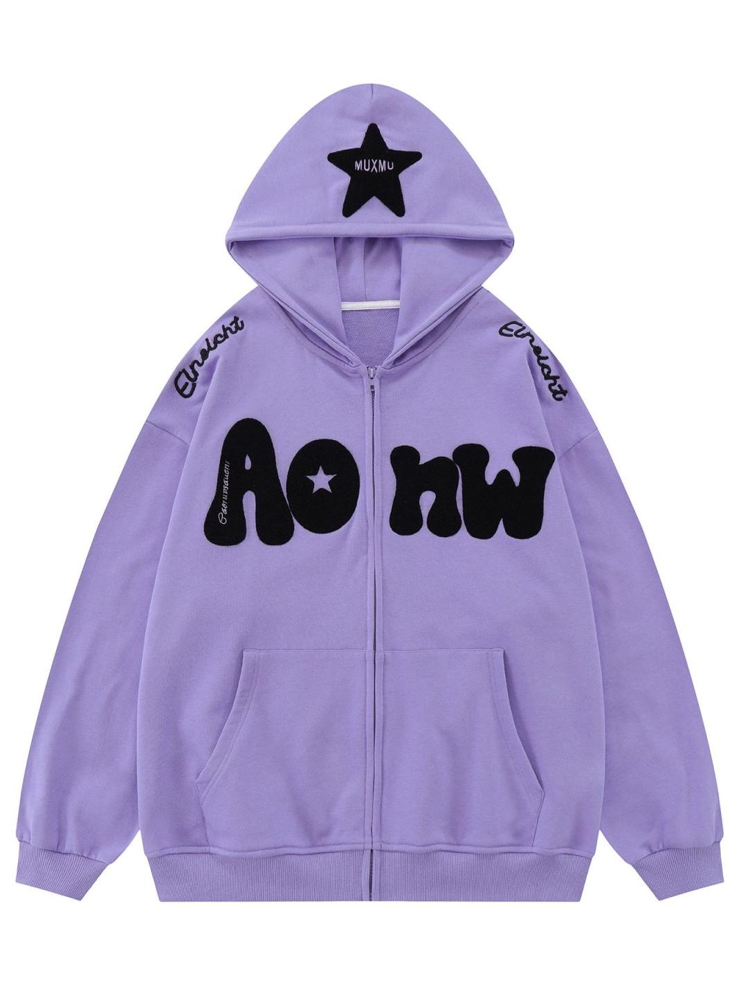 WHITE ZIP-UP HOODIE WITH BLACK LETTERING AND STAR - TRENDY Y2K HOODED