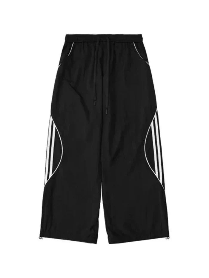 WIDE LEG BLACK TRACK PANTS WITH WHITE STRIPES - STRIPE WIDE DESIGN