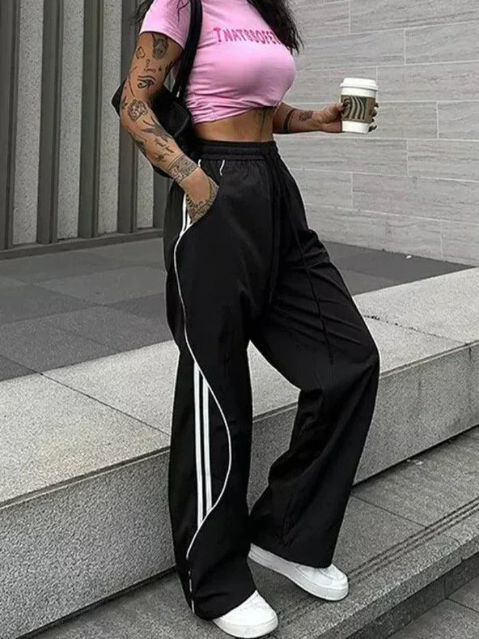 WIDE LEG BLACK TRACK PANTS WITH WHITE STRIPES - STRIPE WIDE DESIGN