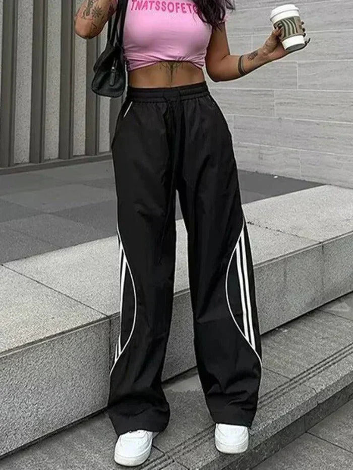 WIDE LEG BLACK TRACK PANTS WITH WHITE STRIPES - STRIPE WIDE DESIGN