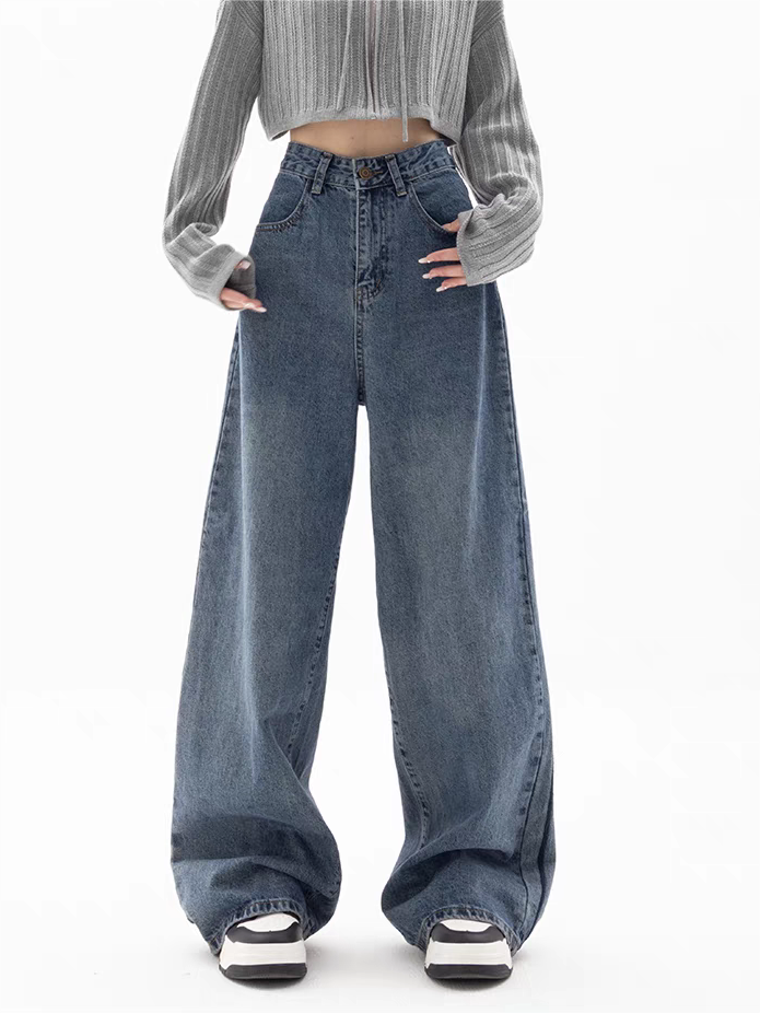 WIDE-LEG BOYFRIEND JEANS IN FADED BLUE - TRENDY CASUAL COTTON BLEND