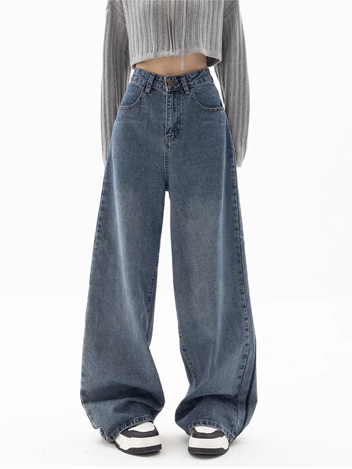 WIDE-LEG BOYFRIEND JEANS IN FADED BLUE - TRENDY CASUAL COTTON BLEND