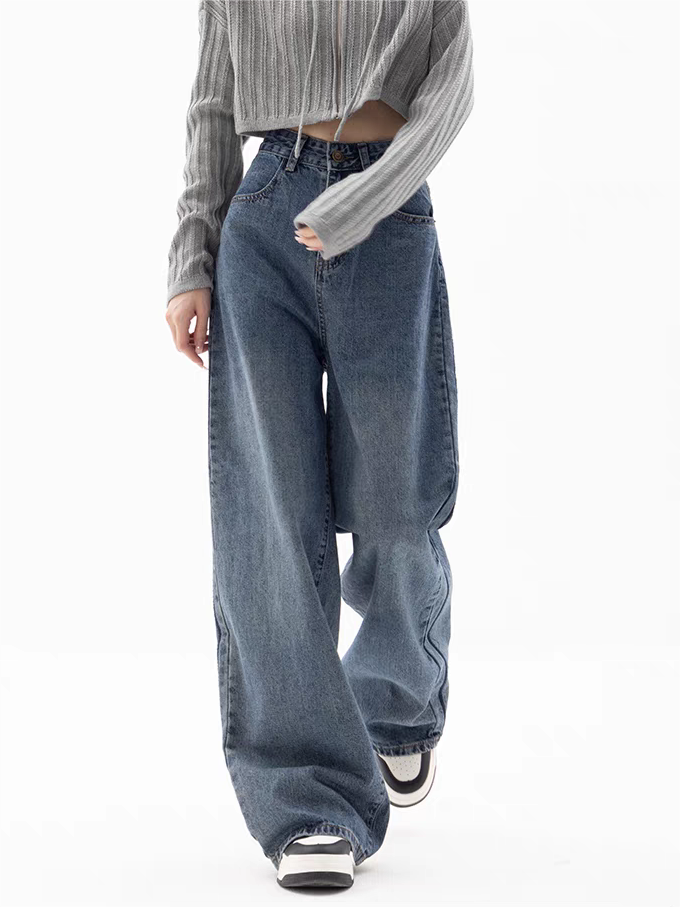 WIDE-LEG BOYFRIEND JEANS IN FADED BLUE - TRENDY CASUAL COTTON BLEND