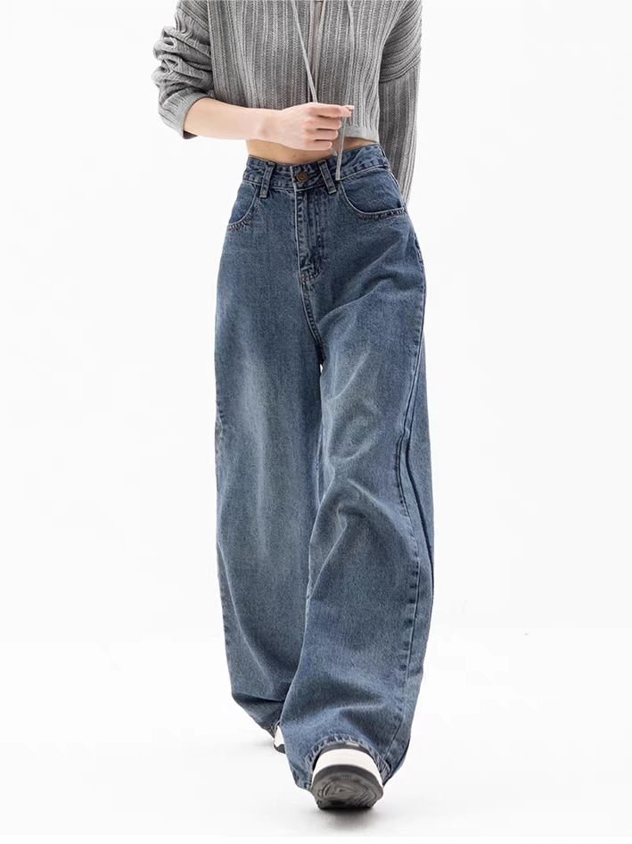 WIDE-LEG BOYFRIEND JEANS IN FADED BLUE - TRENDY CASUAL COTTON BLEND