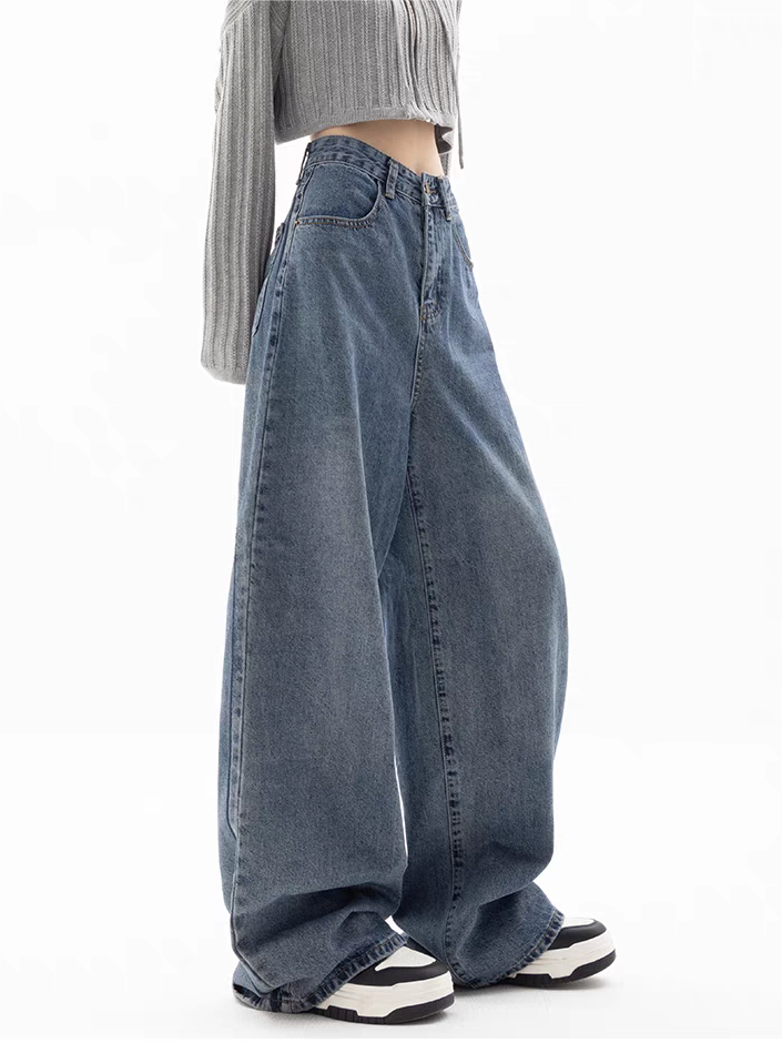 WIDE-LEG BOYFRIEND JEANS IN FADED BLUE - TRENDY CASUAL COTTON BLEND