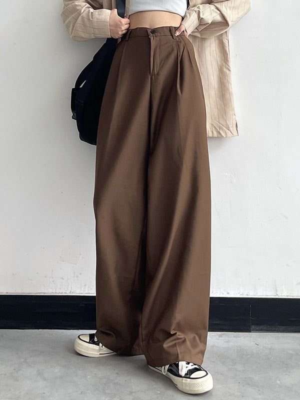 WIDE-LEG BROWN TROUSERS CLASSIC CASUAL STRAIGHT FIT