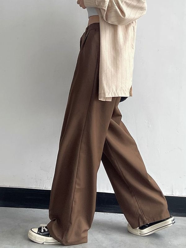 WIDE-LEG BROWN TROUSERS CLASSIC CASUAL STRAIGHT FIT