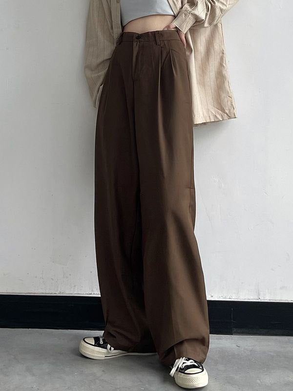 WIDE-LEG BROWN TROUSERS CLASSIC CASUAL STRAIGHT FIT