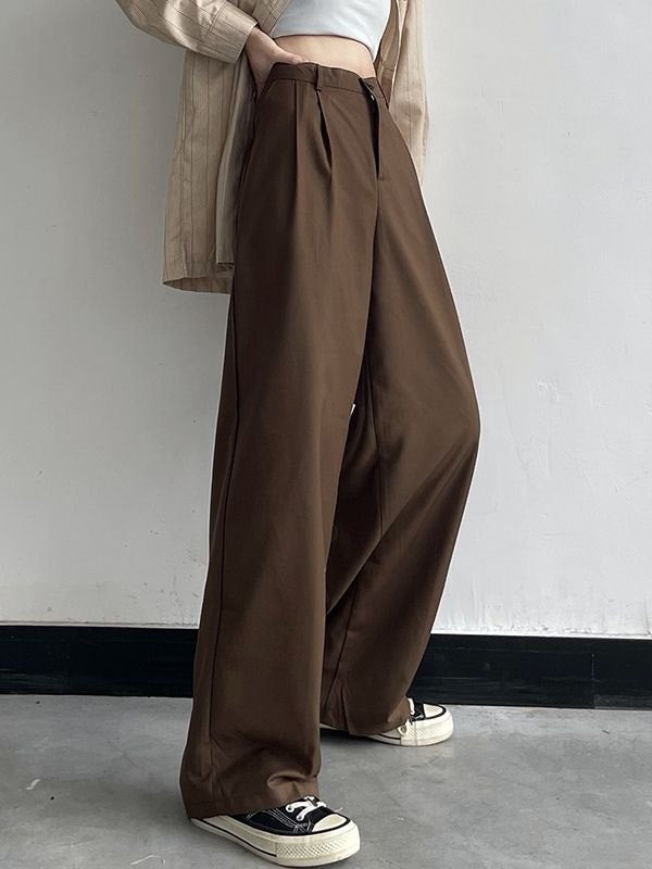 WIDE-LEG BROWN TROUSERS CLASSIC CASUAL STRAIGHT FIT