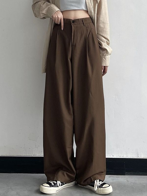 WIDE-LEG BROWN TROUSERS CLASSIC CASUAL STRAIGHT FIT