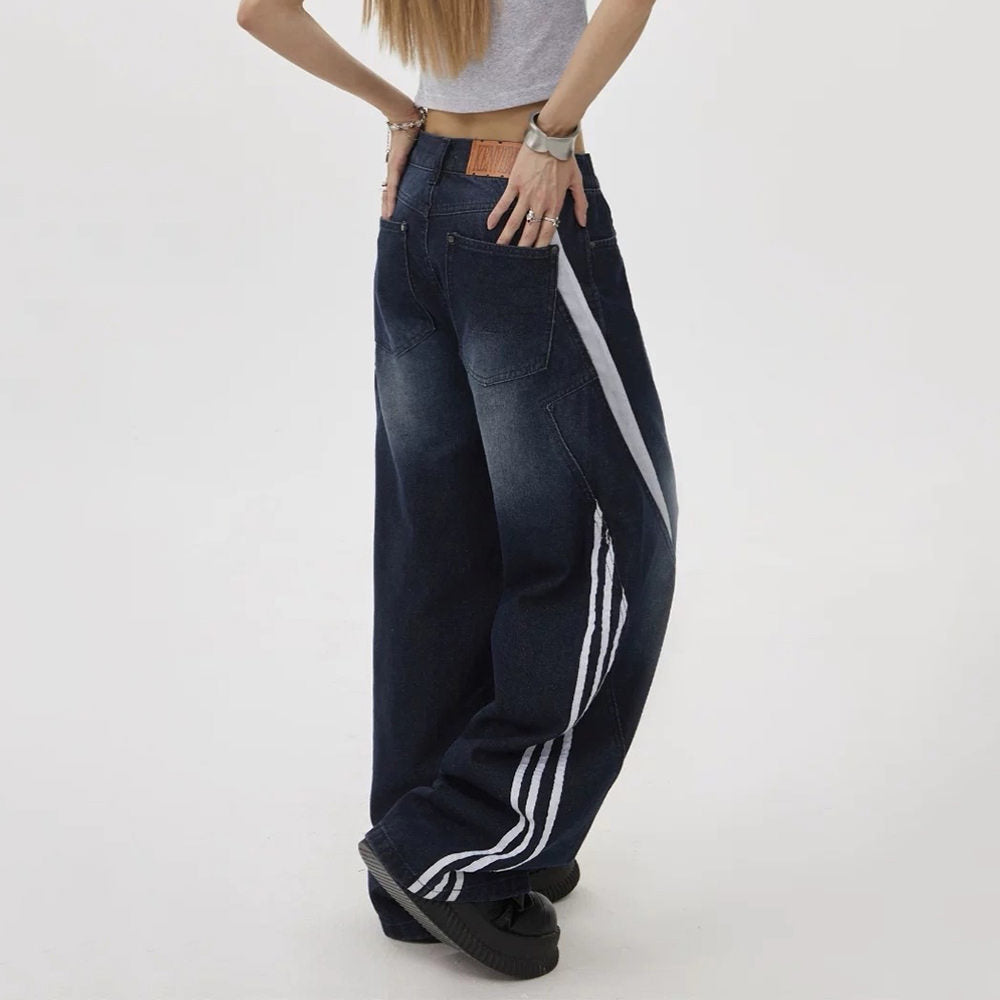 WIDE-LEG CONTRAST STRIPE JEANS IN DEEP BLUE WASH