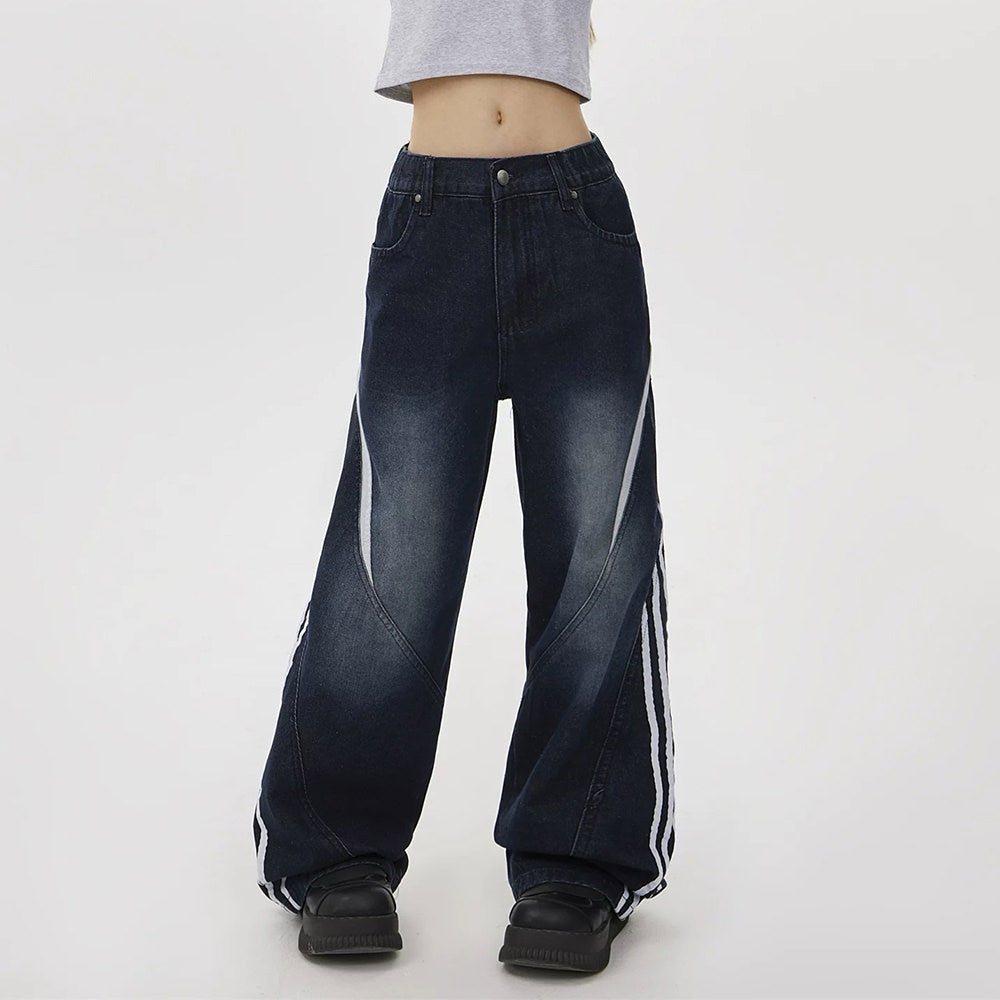 WIDE-LEG CONTRAST STRIPE JEANS IN DEEP BLUE WASH