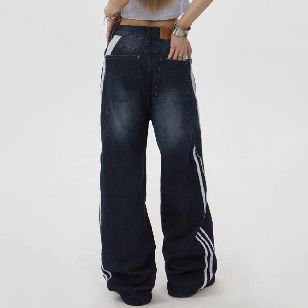 WIDE-LEG CONTRAST STRIPE JEANS IN DEEP BLUE WASH