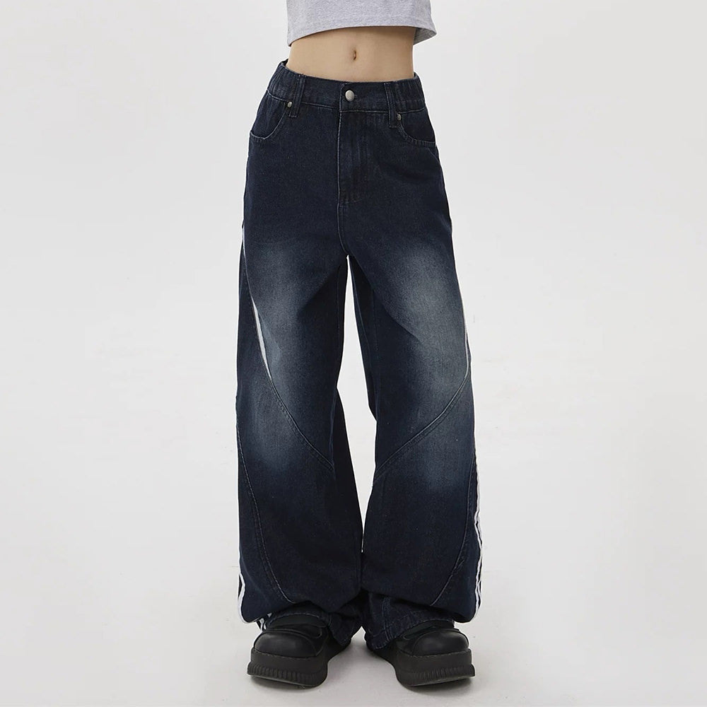 WIDE-LEG CONTRAST STRIPE JEANS IN DEEP BLUE WASH