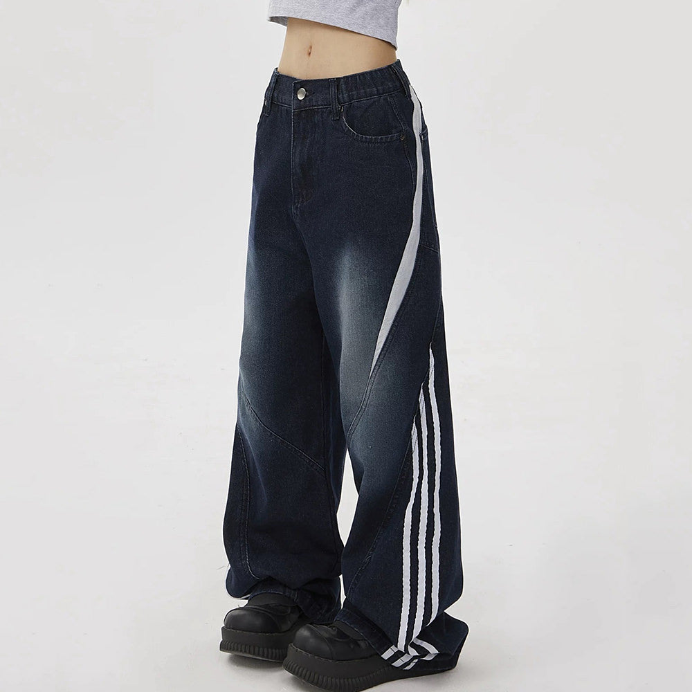 WIDE-LEG CONTRAST STRIPE JEANS IN DEEP BLUE WASH