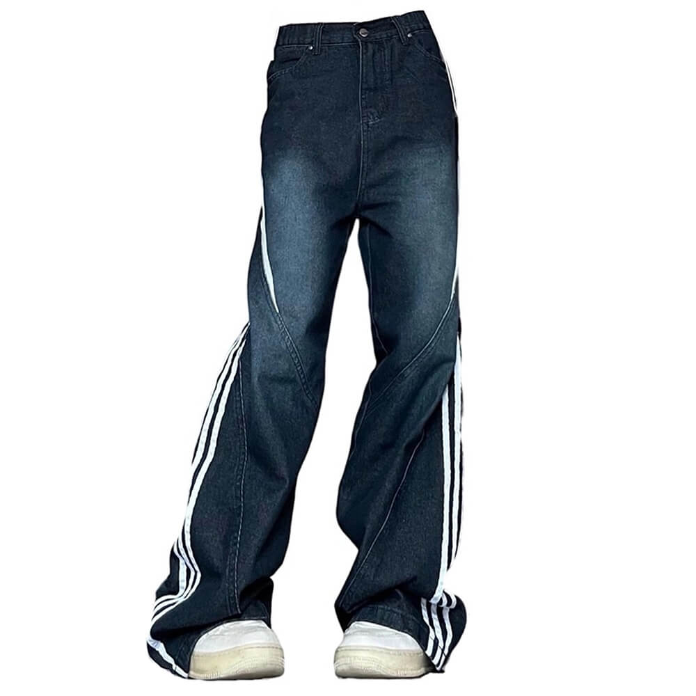 WIDE-LEG CONTRAST STRIPE JEANS IN DEEP BLUE WASH