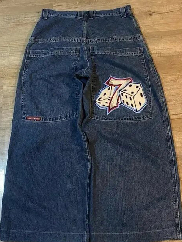 WIDE-LEG DENIM JEANS WITH DICE GRAPHIC VINTAGE 2000S HIP HOP STYLE