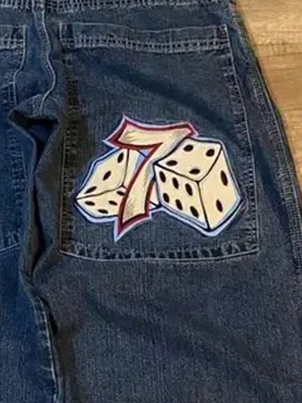 WIDE-LEG DENIM JEANS WITH DICE GRAPHIC VINTAGE 2000S HIP HOP STYLE