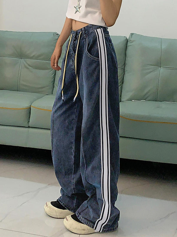 WIDE-LEG DENIM TRACK PANTS WITH FADED BOYFRIEND JEANS STYLE