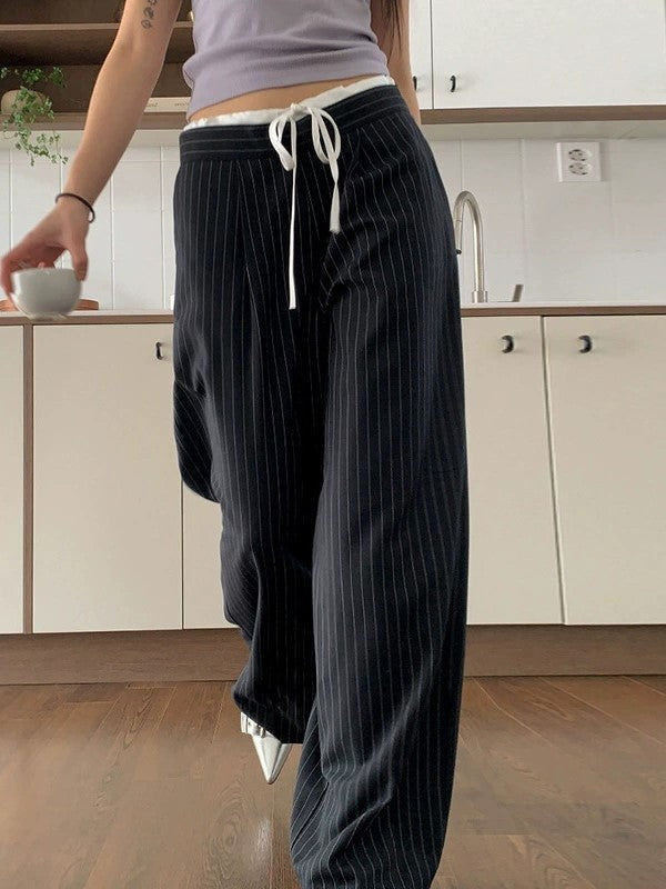WIDE-LEG DRAWSTRING PANTS WITH VINTAGE PATCHWORK WAIST STRIPE