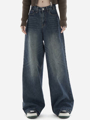 WIDE-LEG FADED DENIM JEANS WITH FUNCTIONAL POCKETS FOR CASUAL STREET STYLE