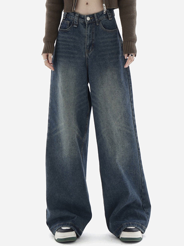 WIDE-LEG FADED DENIM JEANS WITH FUNCTIONAL POCKETS FOR CASUAL STREET STYLE