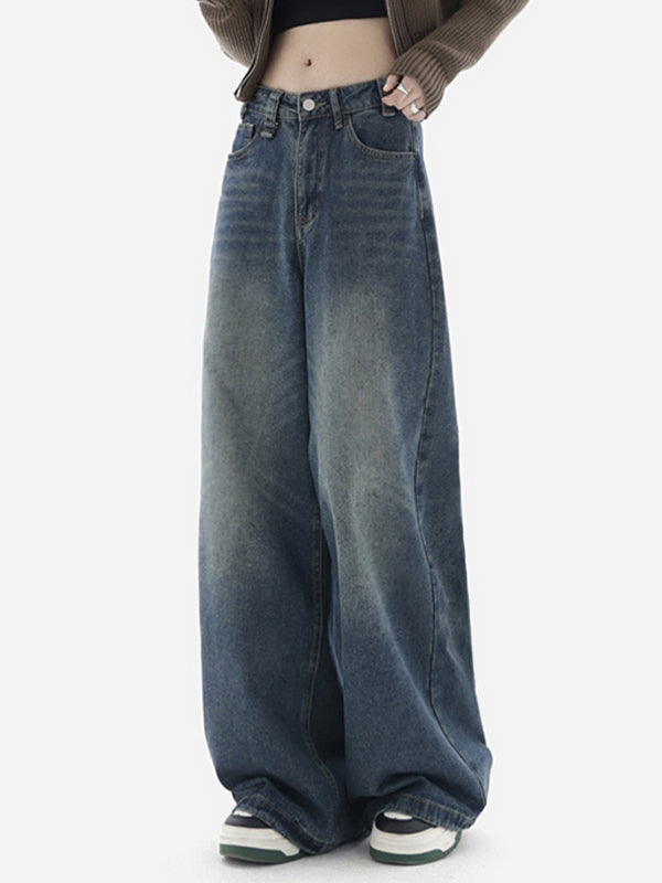 WIDE-LEG FADED DENIM JEANS WITH FUNCTIONAL POCKETS FOR CASUAL STREET STYLE