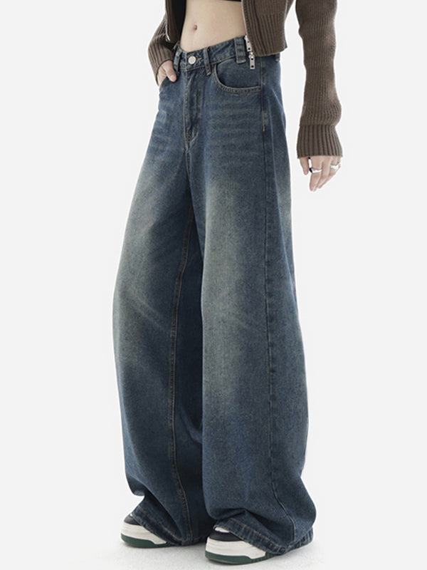 WIDE-LEG FADED DENIM JEANS WITH FUNCTIONAL POCKETS FOR CASUAL STREET STYLE