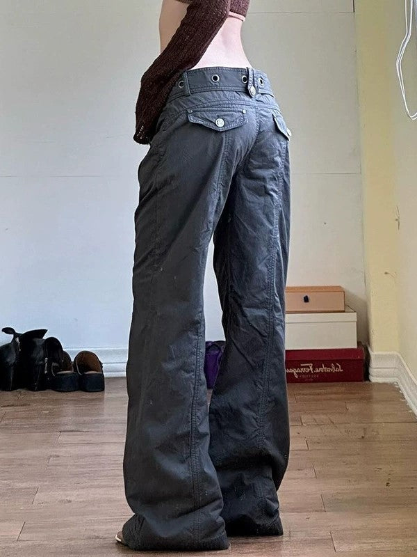 WIDE-LEG GRAY PANTS WITH SPLIT WAISTBAND FOR HIP HOP STYLE