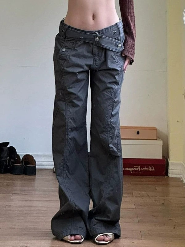 WIDE-LEG GRAY PANTS WITH SPLIT WAISTBAND FOR HIP HOP STYLE