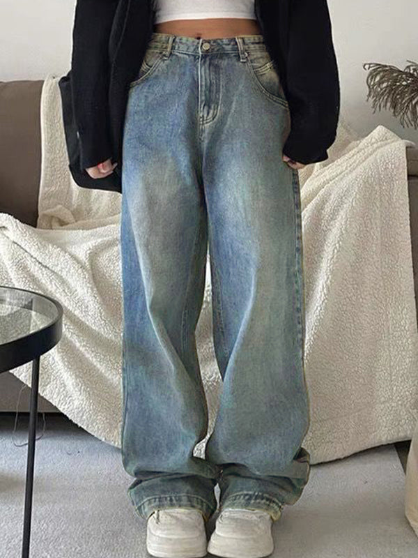WIDE LEG JEANS BLUE Y2K HIGH WAIST BAGGY LIGHT-WASH STYLE
