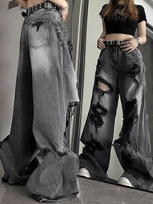 WIDE-LEG JEANS - RIPPED GRAY VINTAGE APPEAL FOR EFFORTLESS STREET STYLE