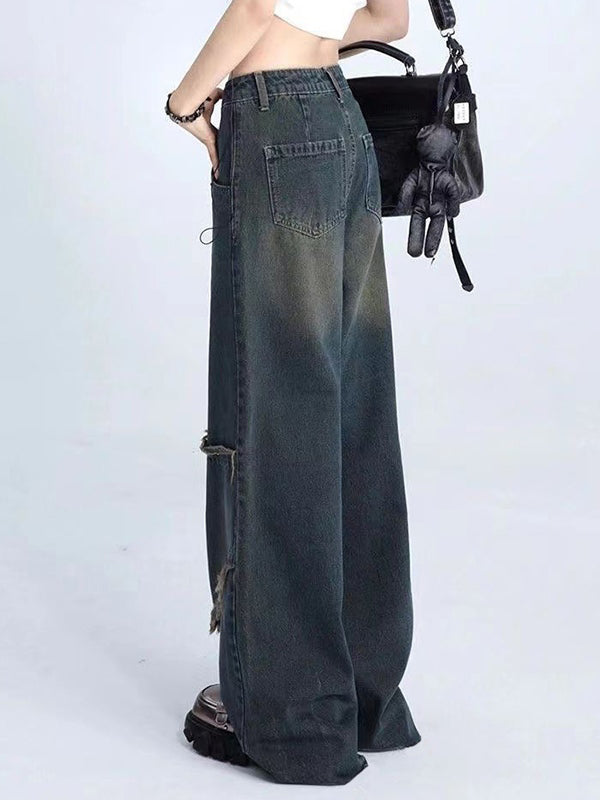 WIDE-LEG JEANS WITH DISTRESSED PATCHWORK AND RAW HEM DESIGN