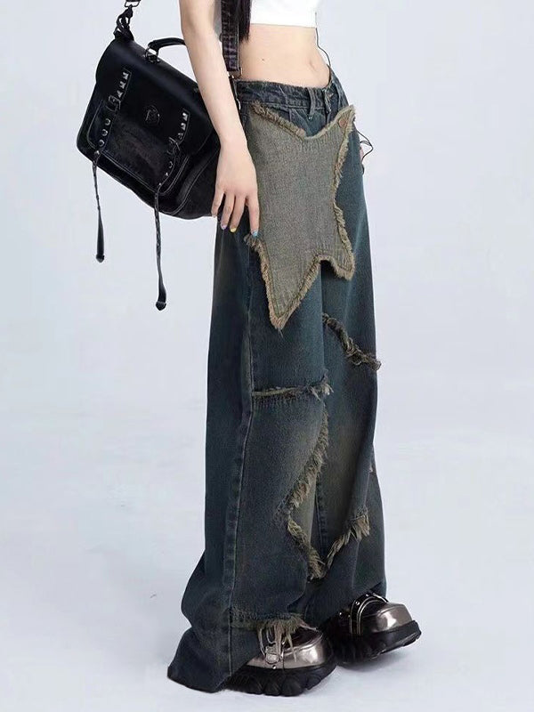 WIDE-LEG JEANS WITH DISTRESSED PATCHWORK AND RAW HEM DESIGN