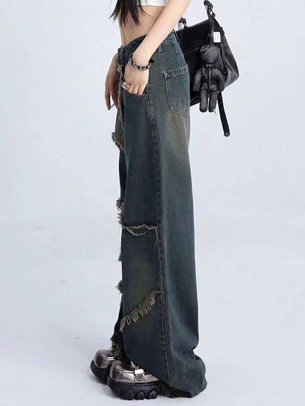 WIDE-LEG JEANS WITH DISTRESSED PATCHWORK AND RAW HEM DESIGN