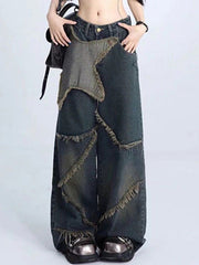 WIDE-LEG JEANS WITH DISTRESSED PATCHWORK AND RAW HEM DESIGN