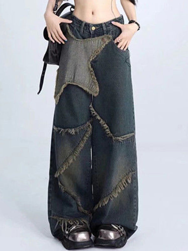 WIDE-LEG JEANS WITH DISTRESSED PATCHWORK AND RAW HEM DESIGN