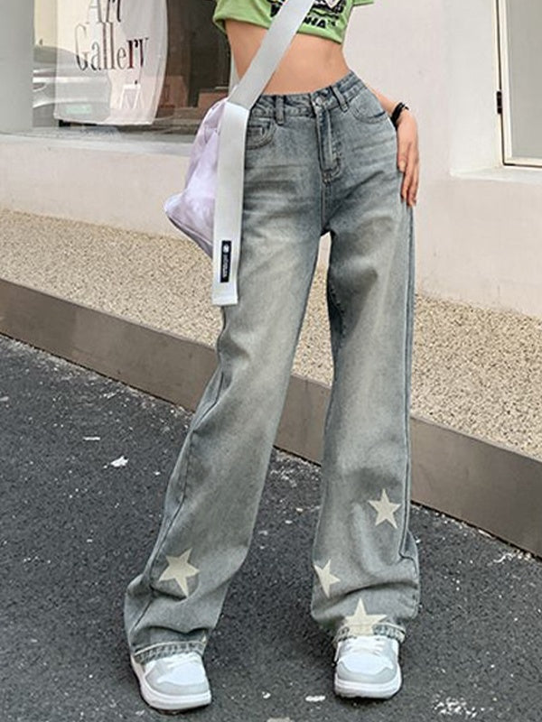 WIDE-LEG JEANS WITH STAR PATTERN IN HIGH WAIST BOYFRIEND FIT