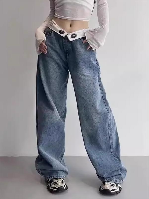 WIDE-LEG LIGHT-WASH JEANS WITH LOW-RISE BUTTONED WAISTBAND LOOSE COTTON BLEND
