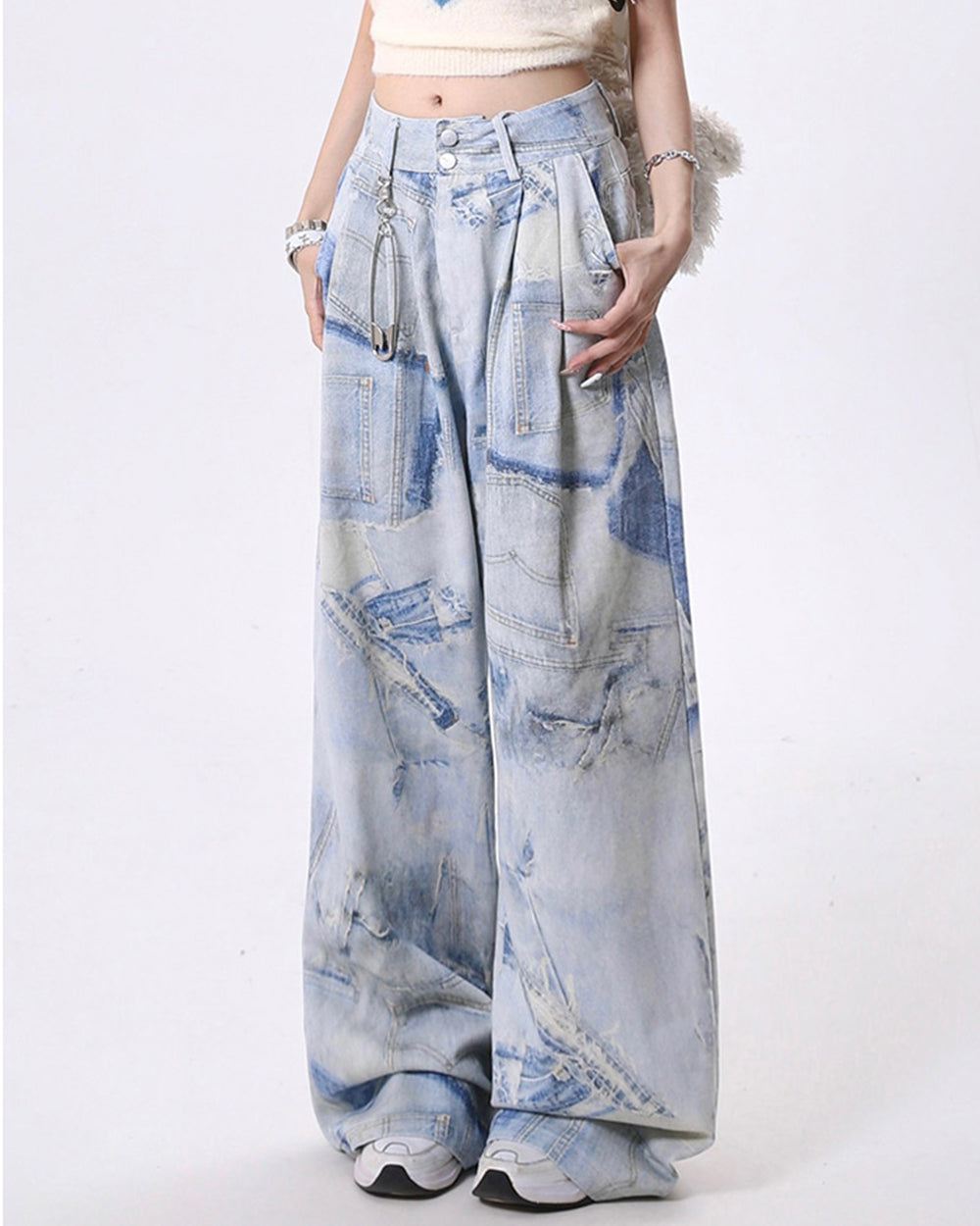 WIDE-LEG PANTS WITH DENIM EFFECT PRINT FOR A CLASSIC LOOK