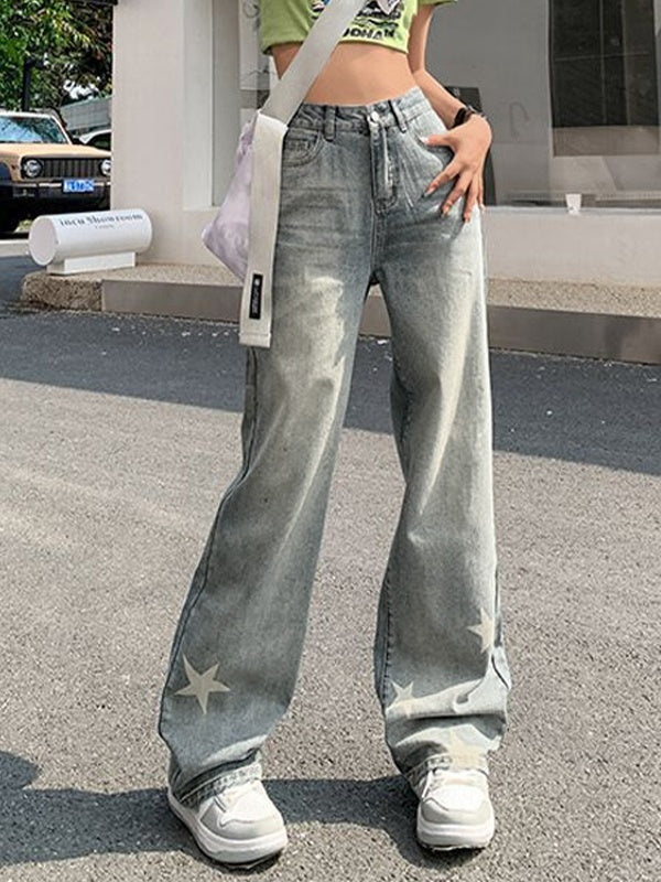 WIDE-LEG STAR-PATTERNED JEANS WITH HIGH WAIST BOYFRIEND FIT
