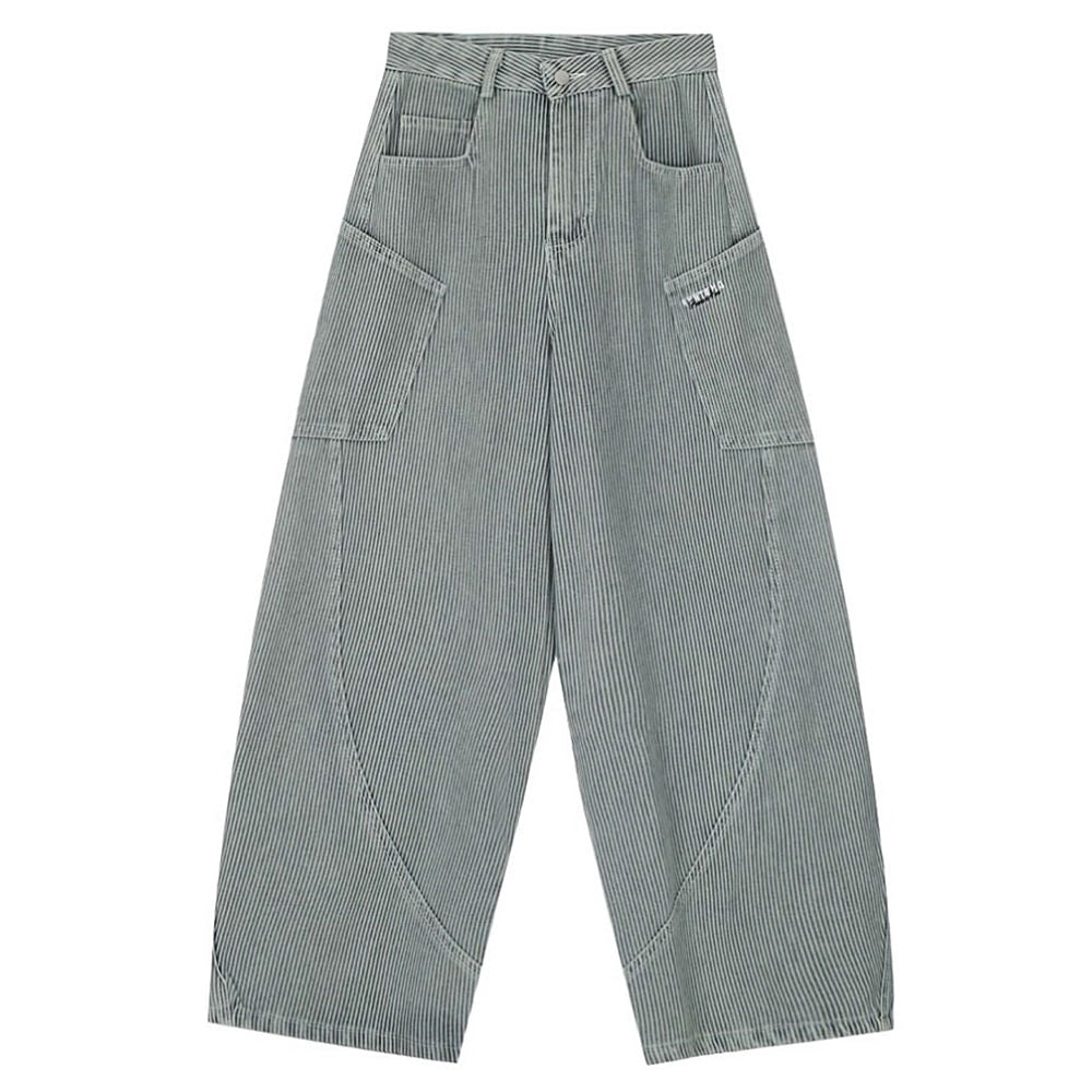 WIDE-LEG UTILITY PANTS WITH OVERSIZED UTILITY POCKETS AND GRAY STRIPE DESIGN