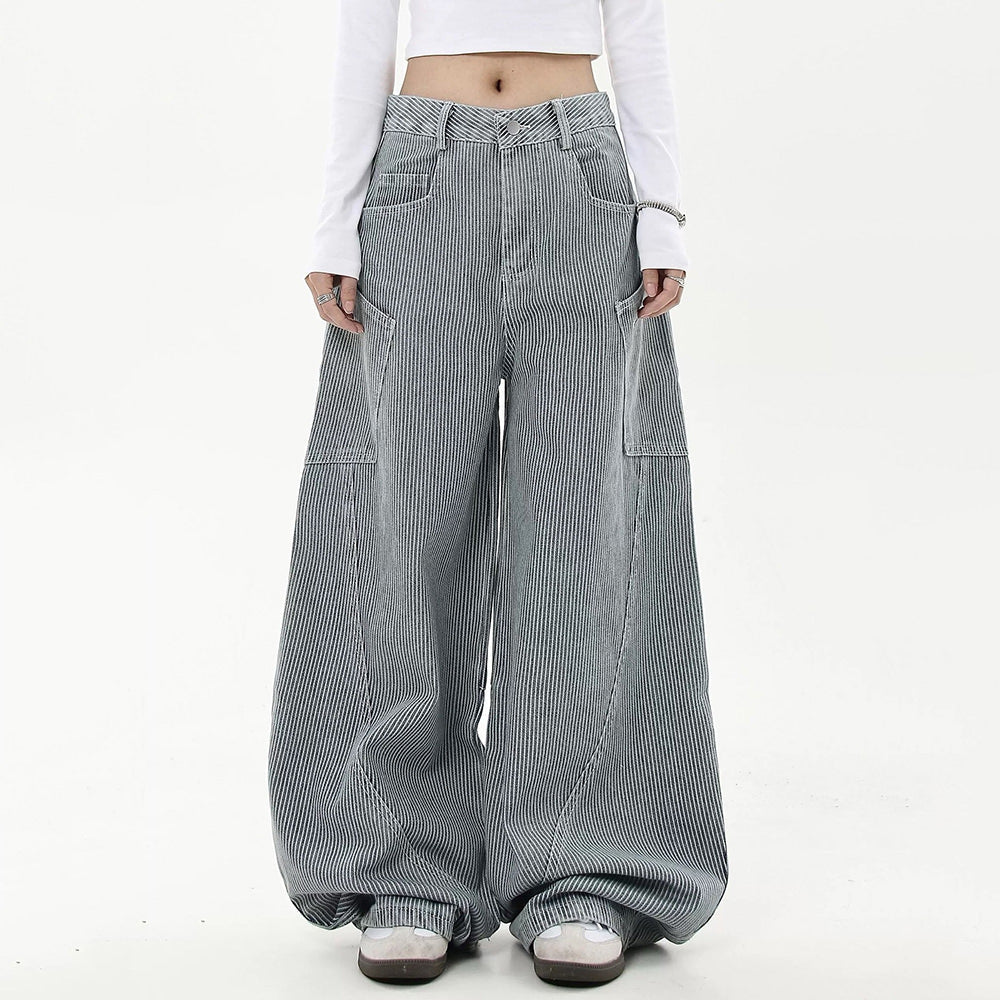 WIDE-LEG UTILITY PANTS WITH OVERSIZED UTILITY POCKETS AND GRAY STRIPE DESIGN