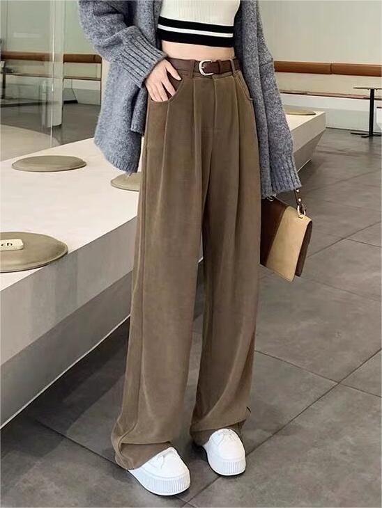 WIDE-LEGGED BROWN TROUSERS WITH BELT - UNIQUE SPLICE DESIGN