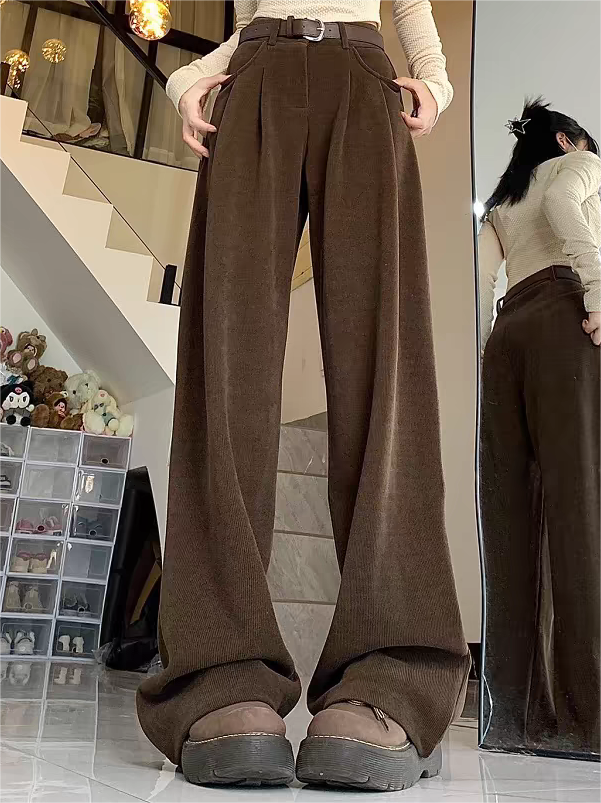 WIDE-LEGGED BROWN TROUSERS WITH BELT - UNIQUE SPLICE DESIGN