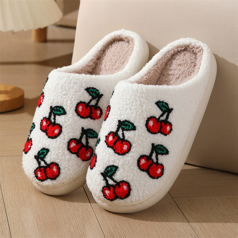 Pantoufles d'intérieur en coton à motif cerises, chaudes et moelleuses. 