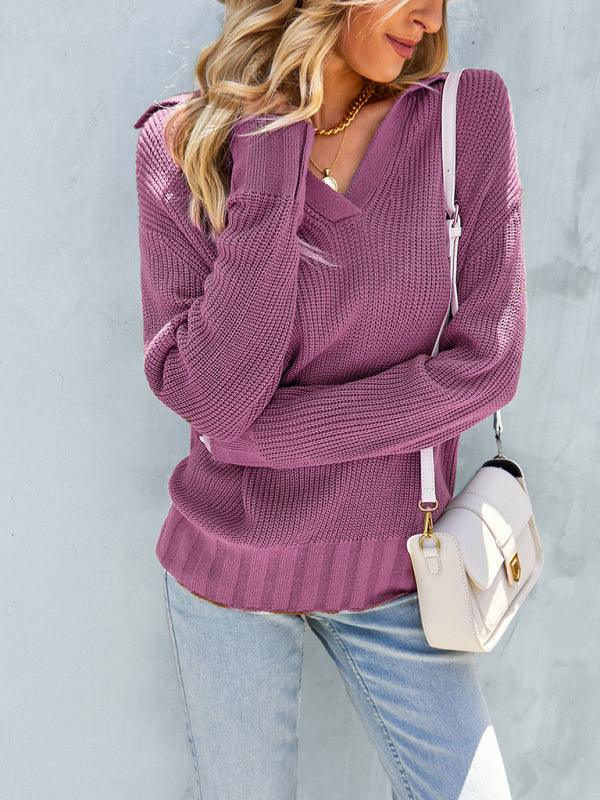 Womanly temperament sexy shirt collar sweater top - Closther