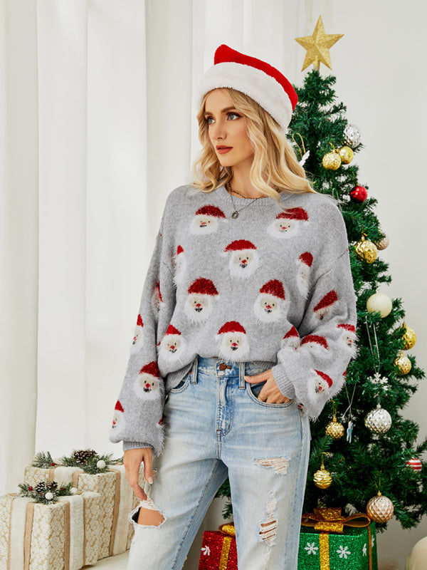 Women Christmas Santa Knit Pullover Sweater - Grey / S