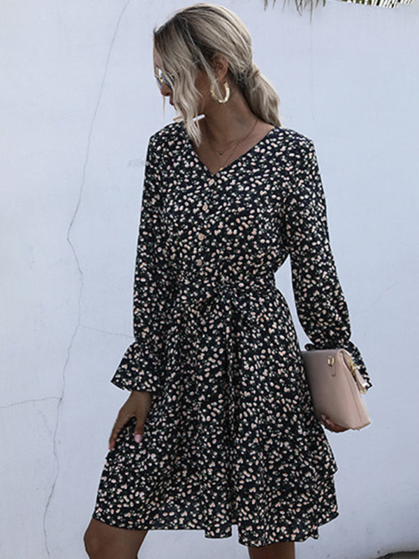 Women Floral Print Knit Long Sleeve Dress