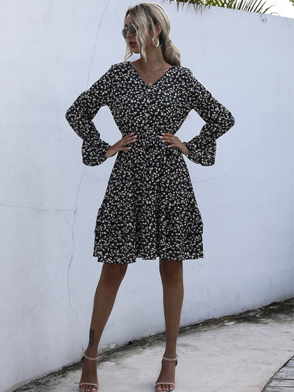 Women Floral Print Knit Long Sleeve Dress